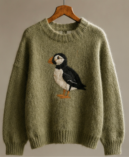 Olive Green Puffin Knit Sweater