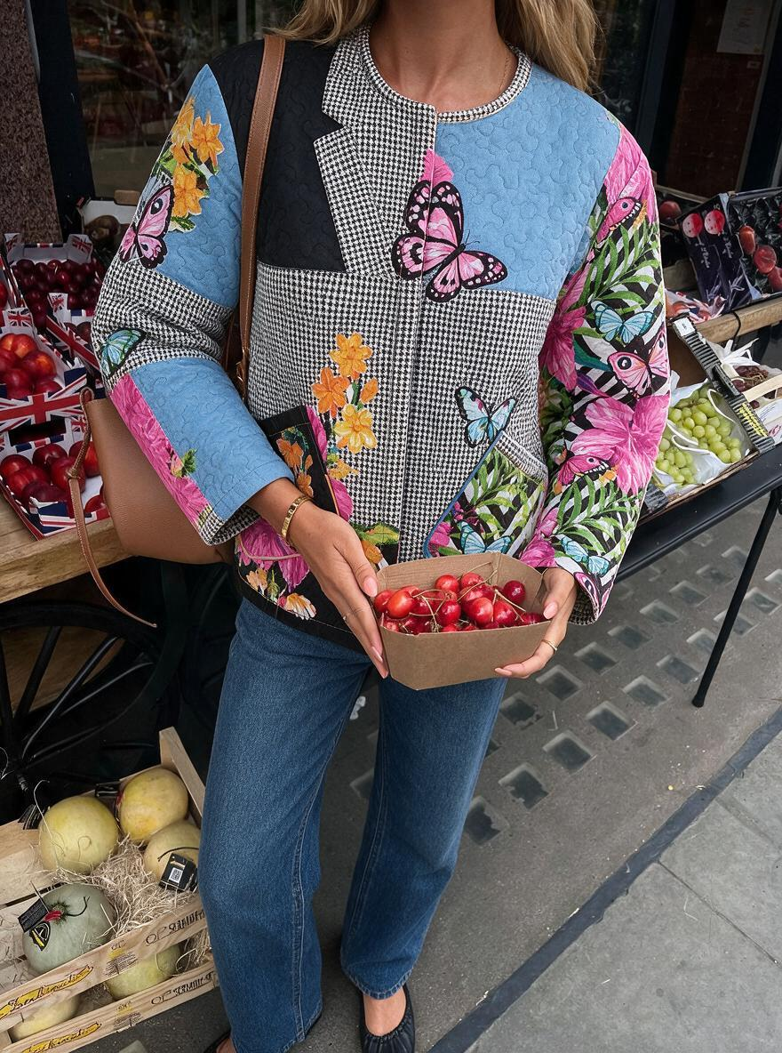 Butterfly Houndstooth Patchwork Quilted Jacket
