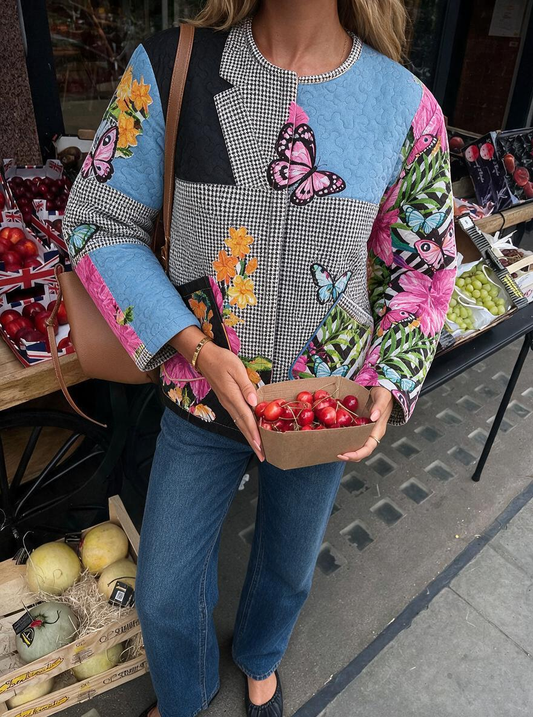 Butterfly Houndstooth Patchwork Quilted Jacket