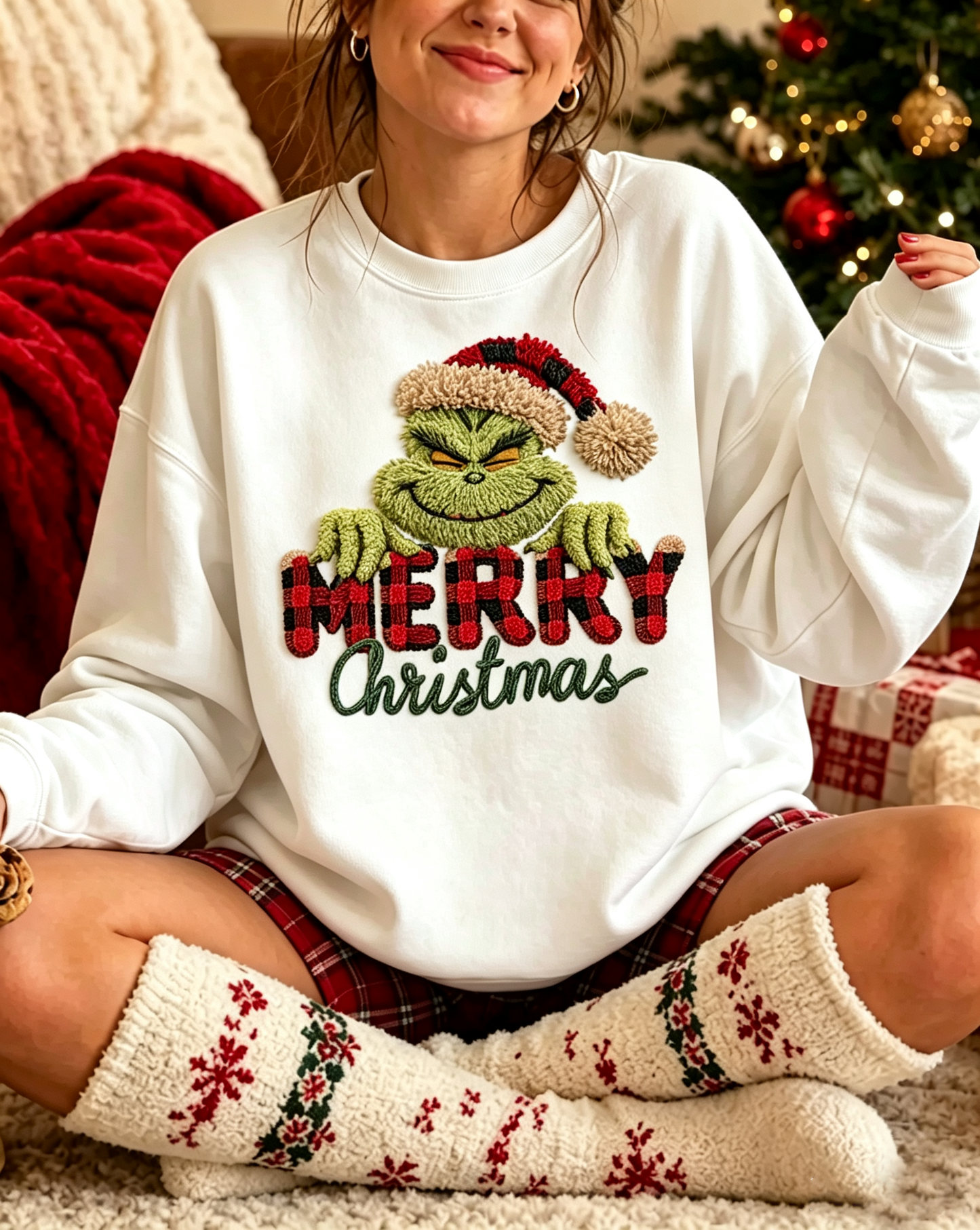 White Grinch Merry Christmas Faux Fur Sweatshirt