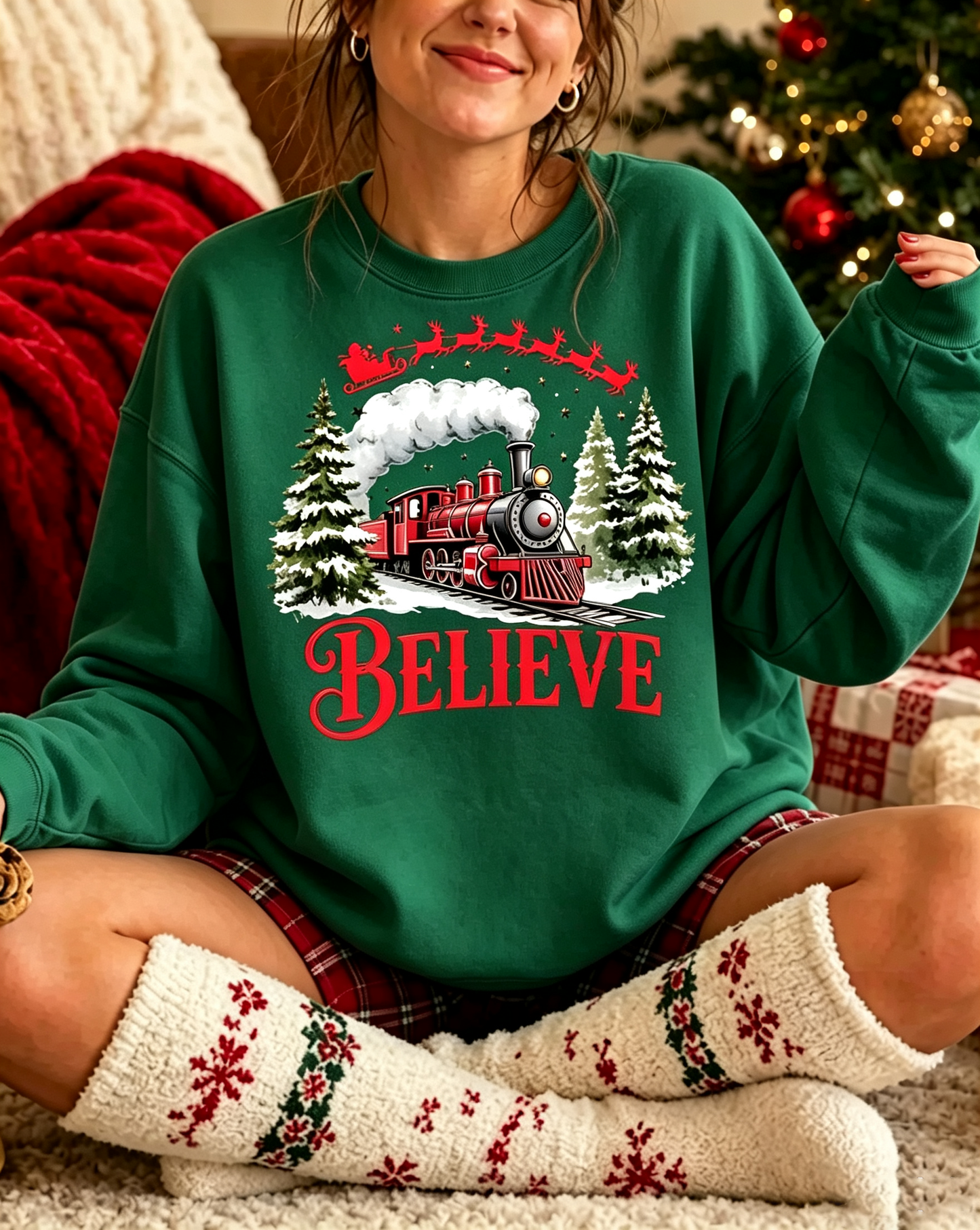Green Believe Christmas Train Sweatshirt