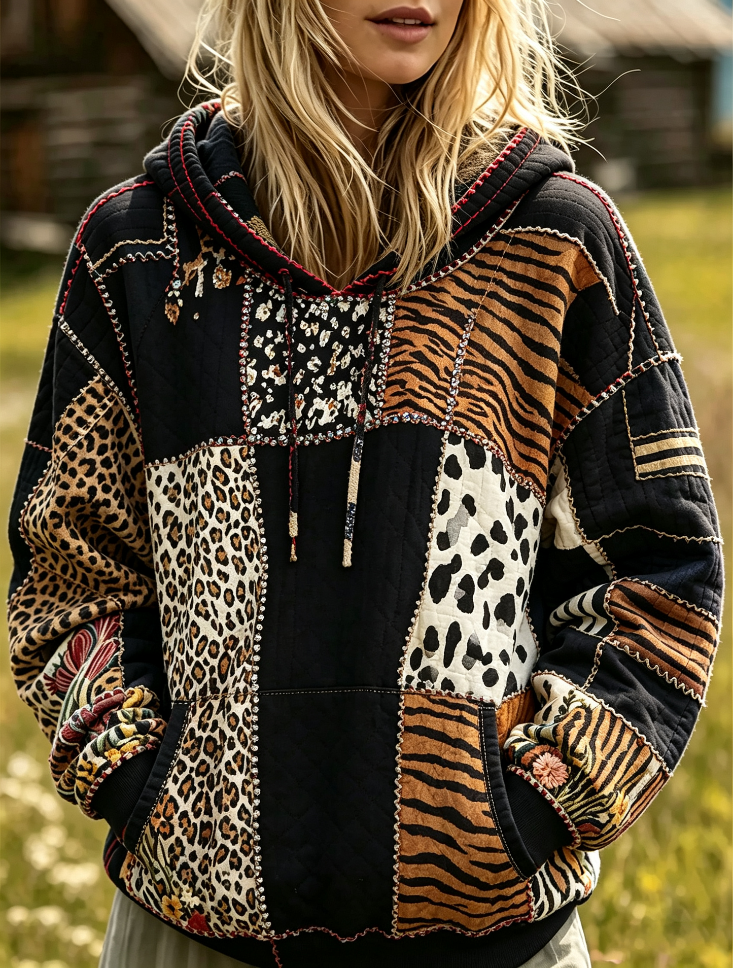 Black Animal Patchwork Quilted Hoodie