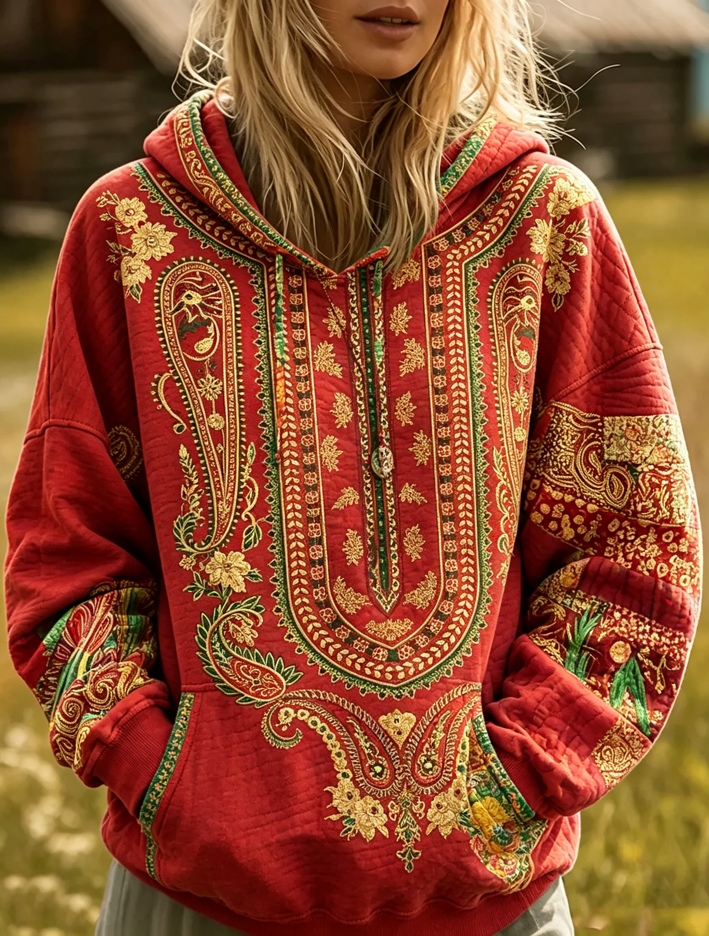 Red Paisley Quilted Hoodie