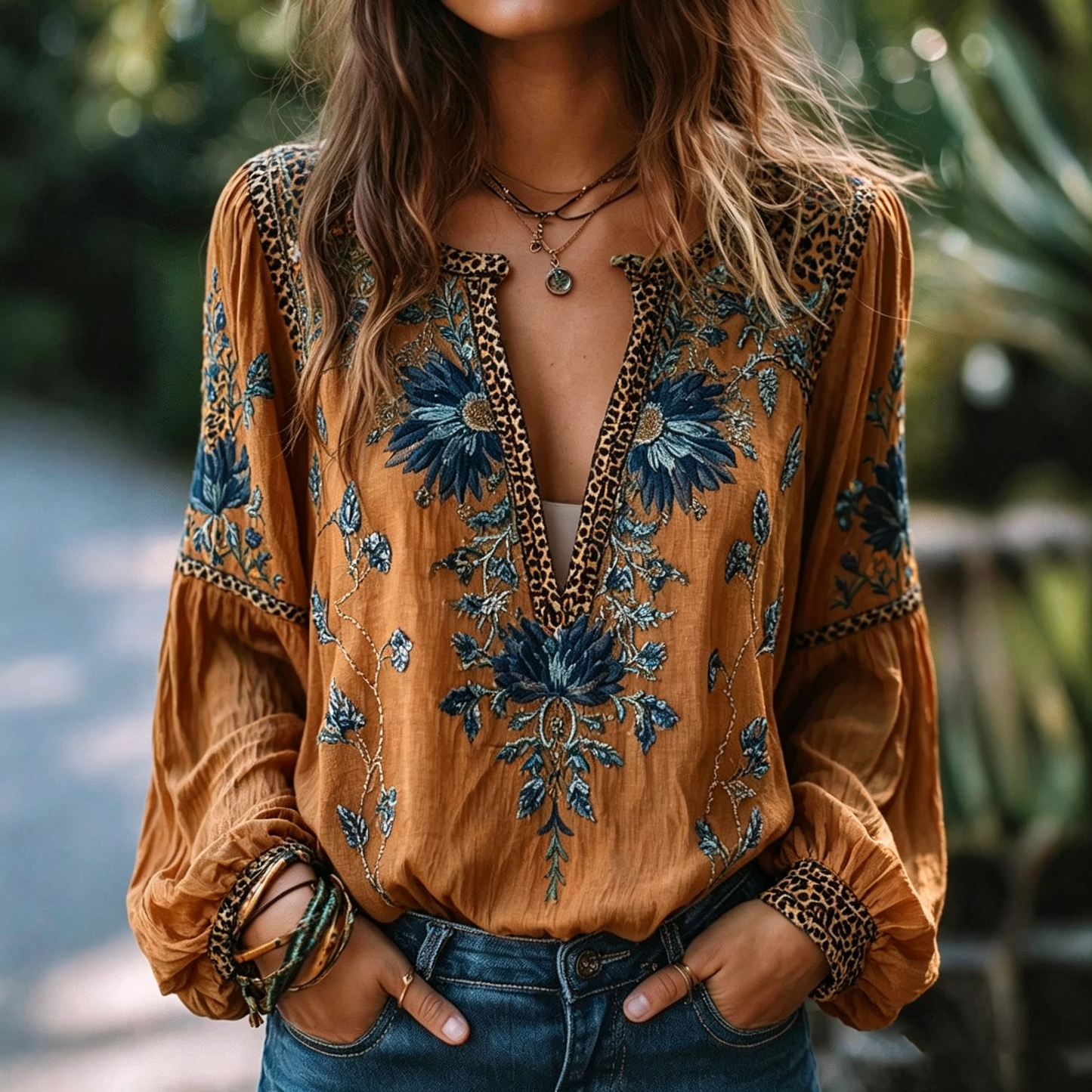 Mustard Blue Floral Embroidered Blouse