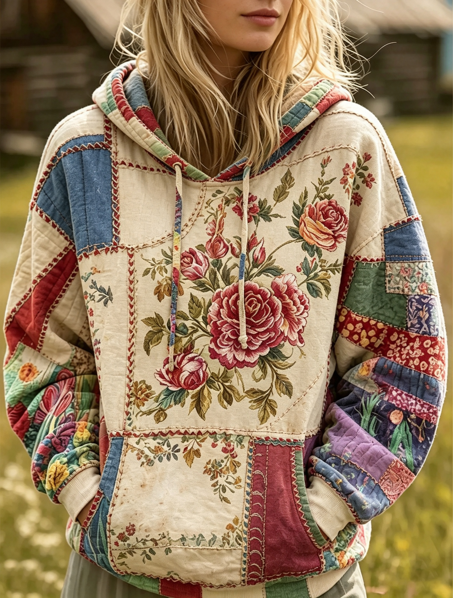 Cream Rose Patchwork Hoodie