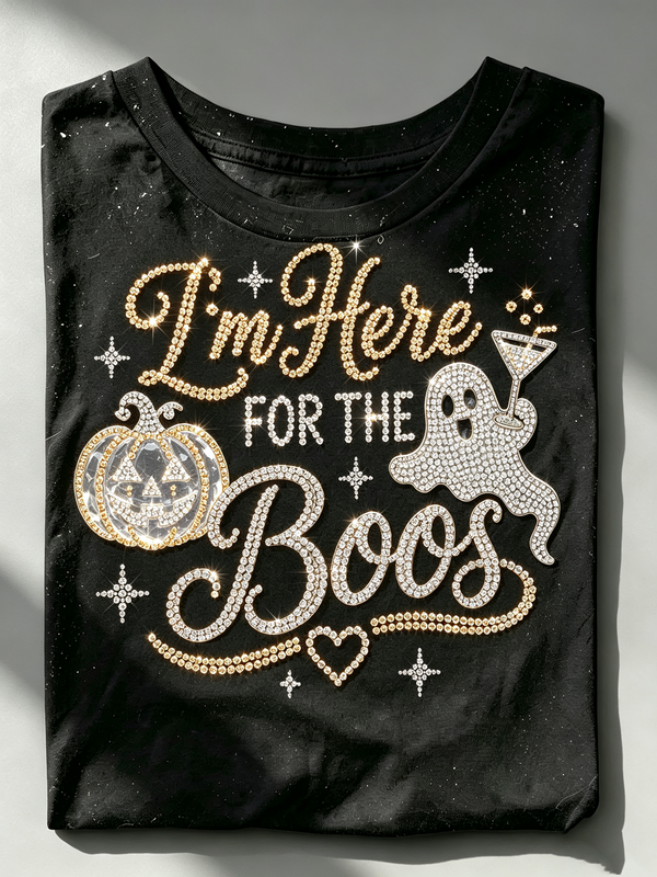 Black I'm Here For The Boos Rhinestone T-Shirt