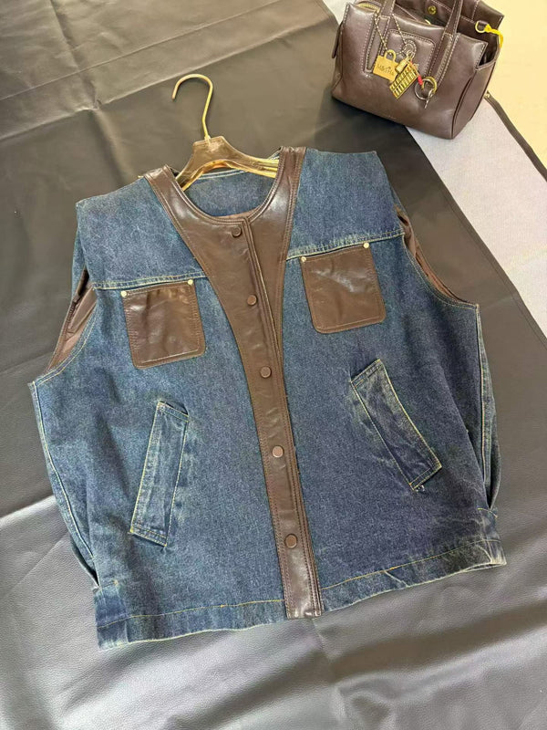 Blue Brown Denim Faux Leather Panel Vest
