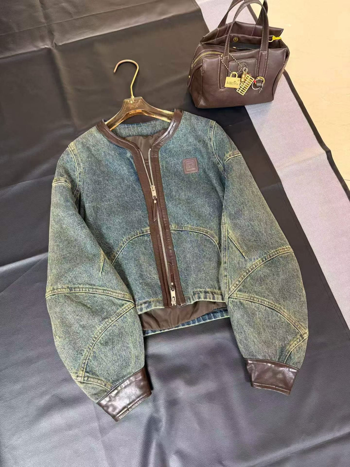 Blue Denim Faux Leather Trim Bomber Jacket