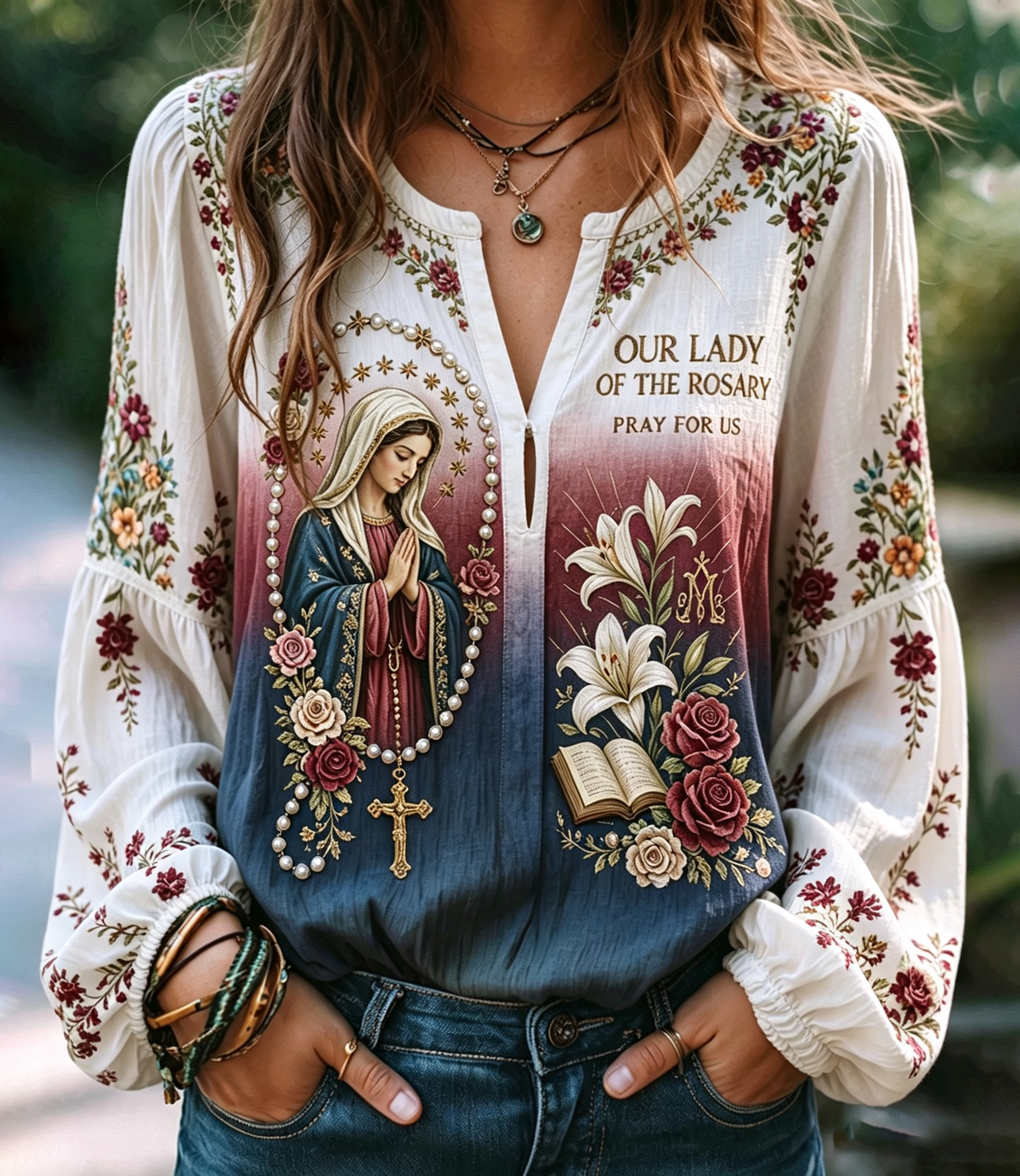 White Floral Religious Print Blouse
