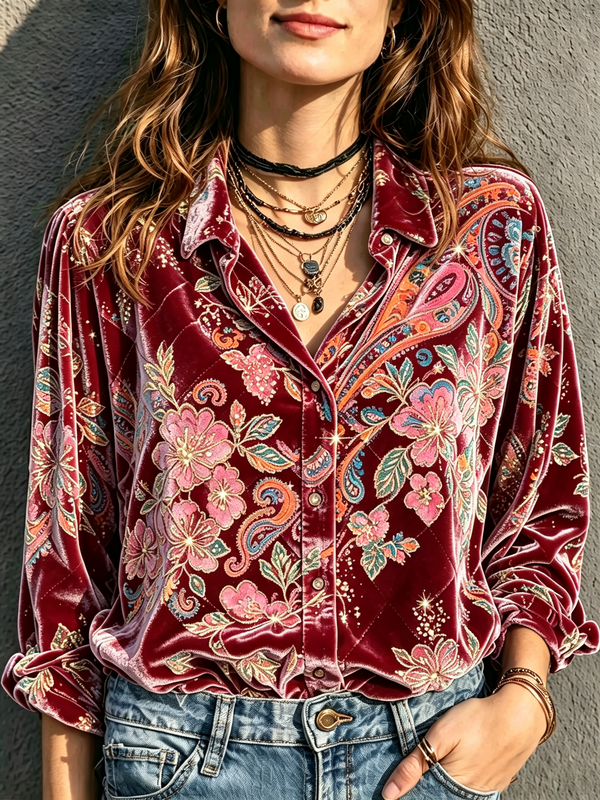 Burgundy Floral Velvet Shirt