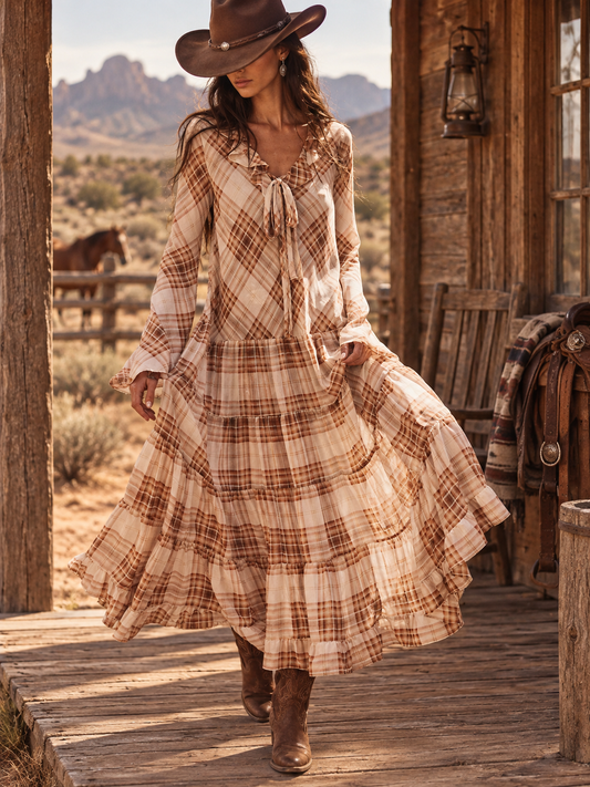 Beige Plaid Tie Neck Tiered Maxi Dress
