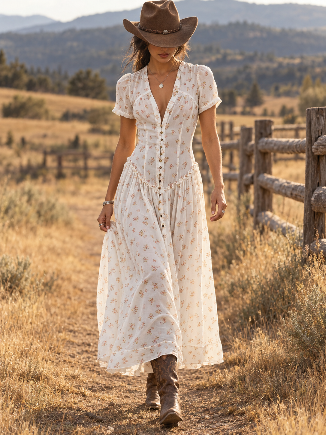 Cream Floral Button Front Midi Dress