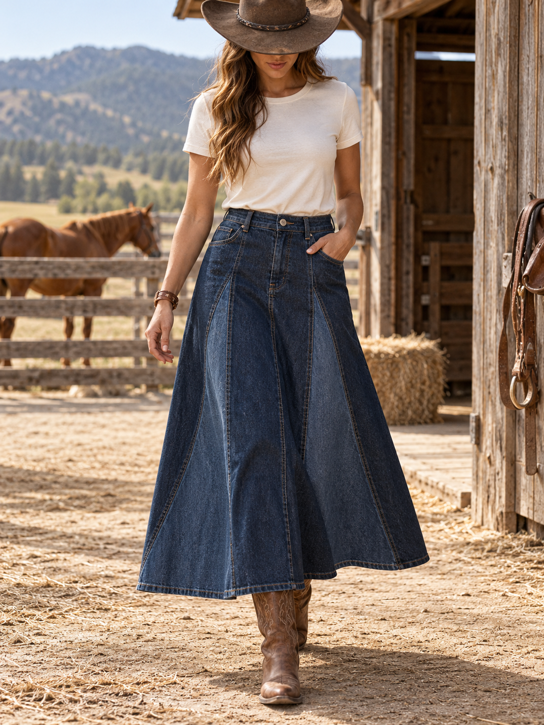 Blue Denim Panel Midi Skirt
