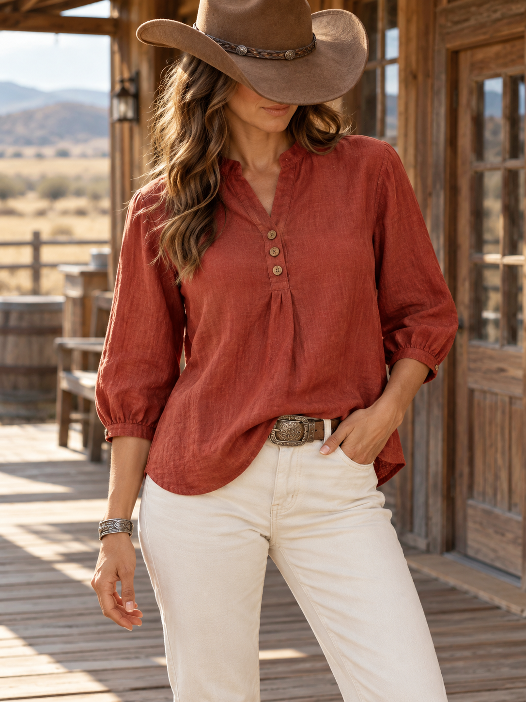 Rust Linen Blend Henley Three Quarter Sleeve Top