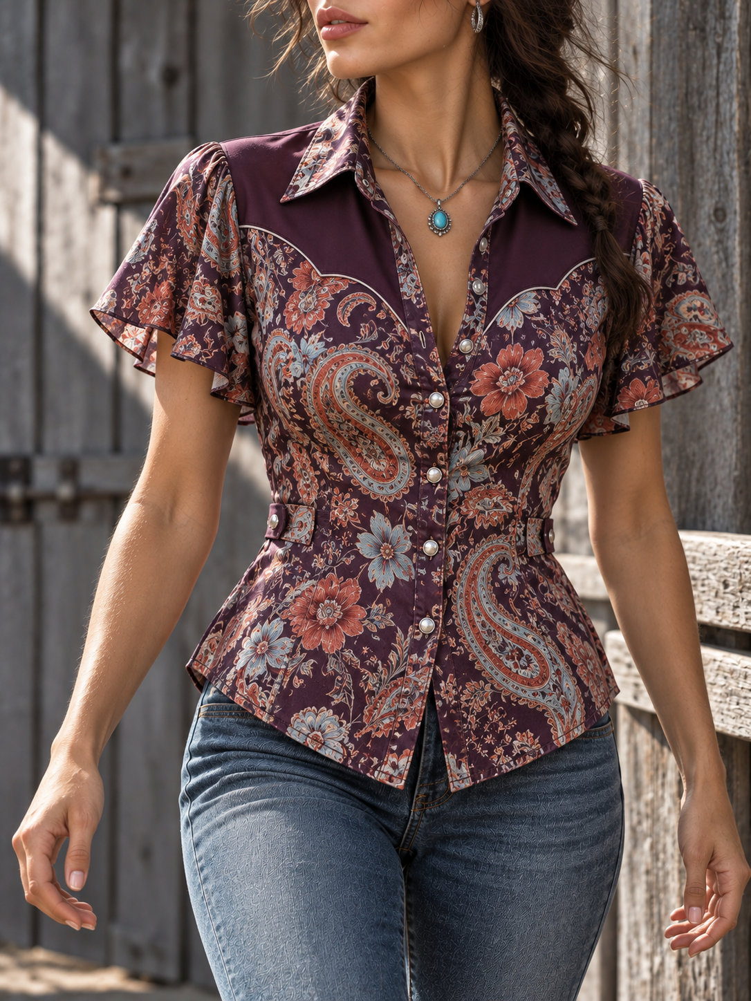 Burgundy Paisley Print Short Sleeve Shirt