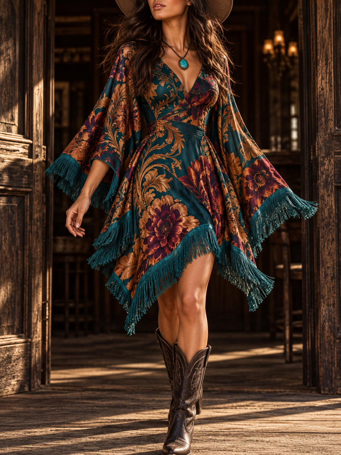 Teal Floral Print Fringe Bell Sleeve Mini Dress
