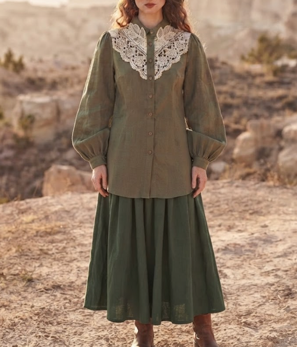 Lace Collar Button-Down Blouse & Midi Skirt Set