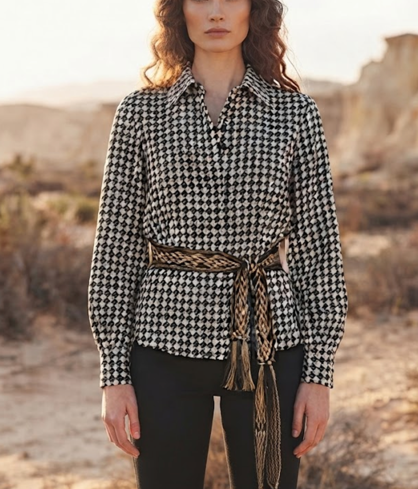 Geometric Print Belted Button-Down Shirt