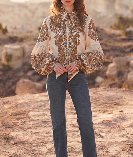 Paisley Print Tie-Neck Balloon Sleeve Blouse