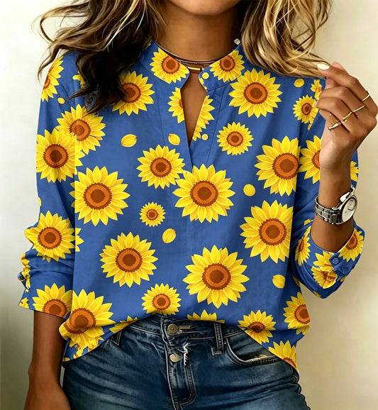 Sunflower Print Split Neck Long Sleeve Blouse