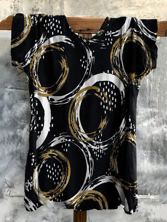 Abstract Gold Circle Print Short Sleeve Tunic Top