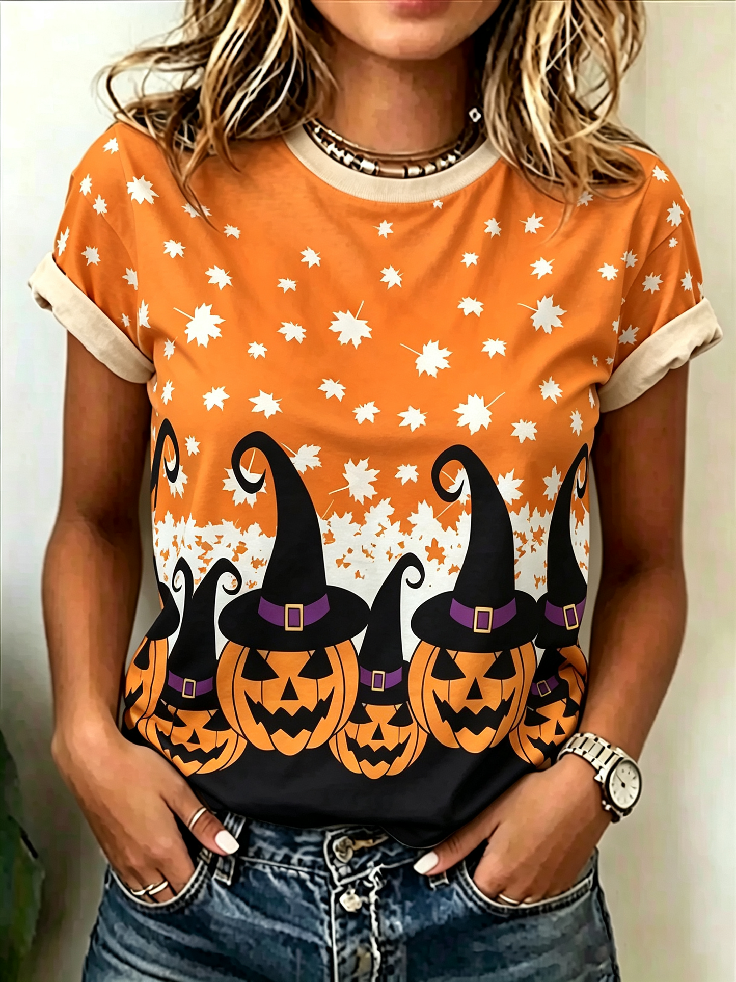 Maple Leaf Halloween Pumpkin Graphic Ringer Tee