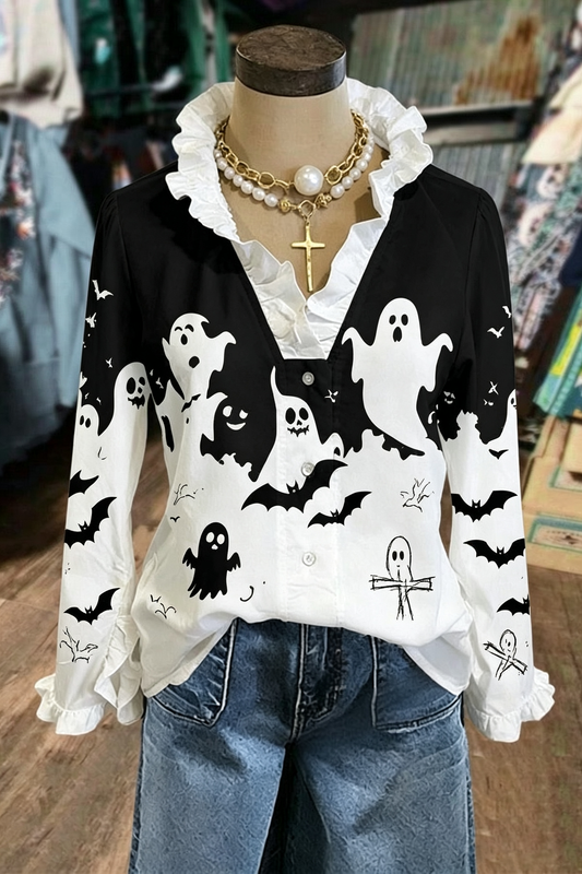 Black White Ghost Scarecrow Ruffle Button-Up Shirt