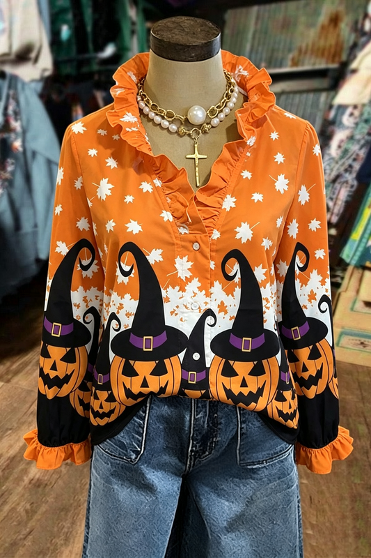 Orange Leaf Pumpkin Witch Ruffle Button-Up Shirt