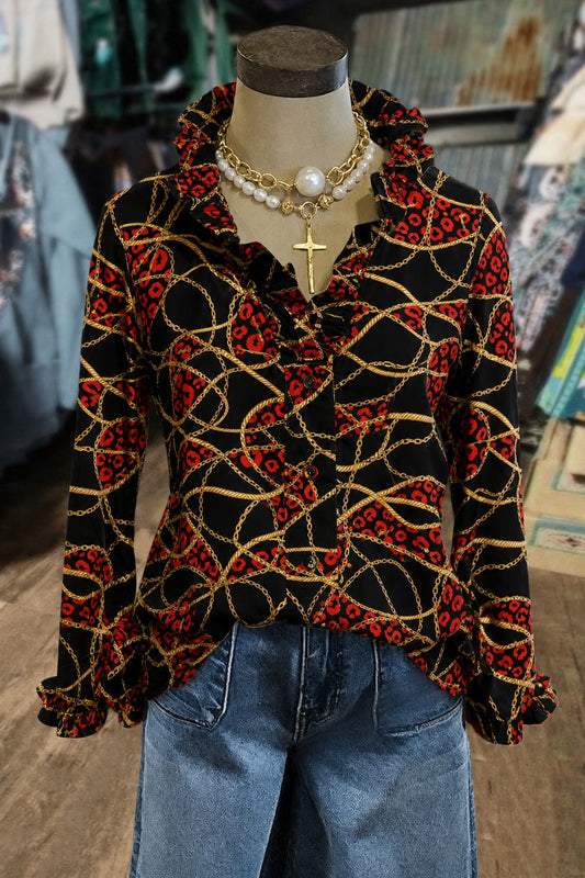 Leopard Chain Print Ruffle Trim Long Sleeve Shirt