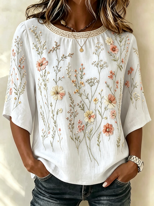 White Floral Embroidered Short Sleeve Top