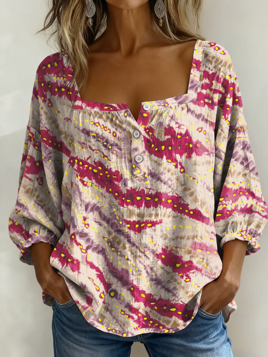 Abstract Tie-Dye Square Neck Button Detail Top