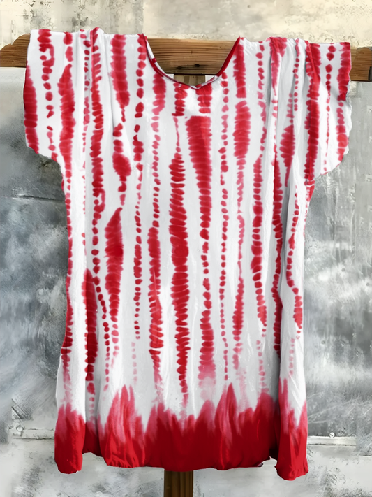 Red Tie-Dye Stripe V-Neck Short Sleeve Top