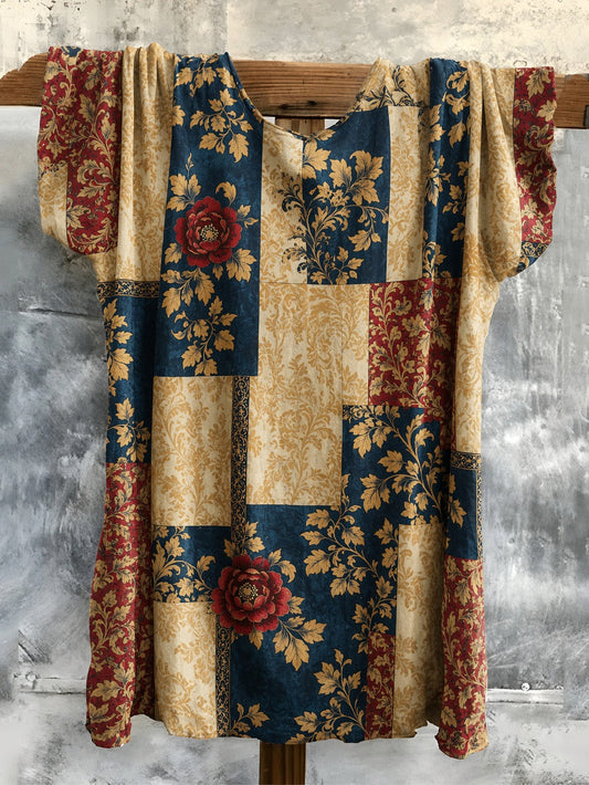 Patchwork Floral Damask Print Short Sleeve Top