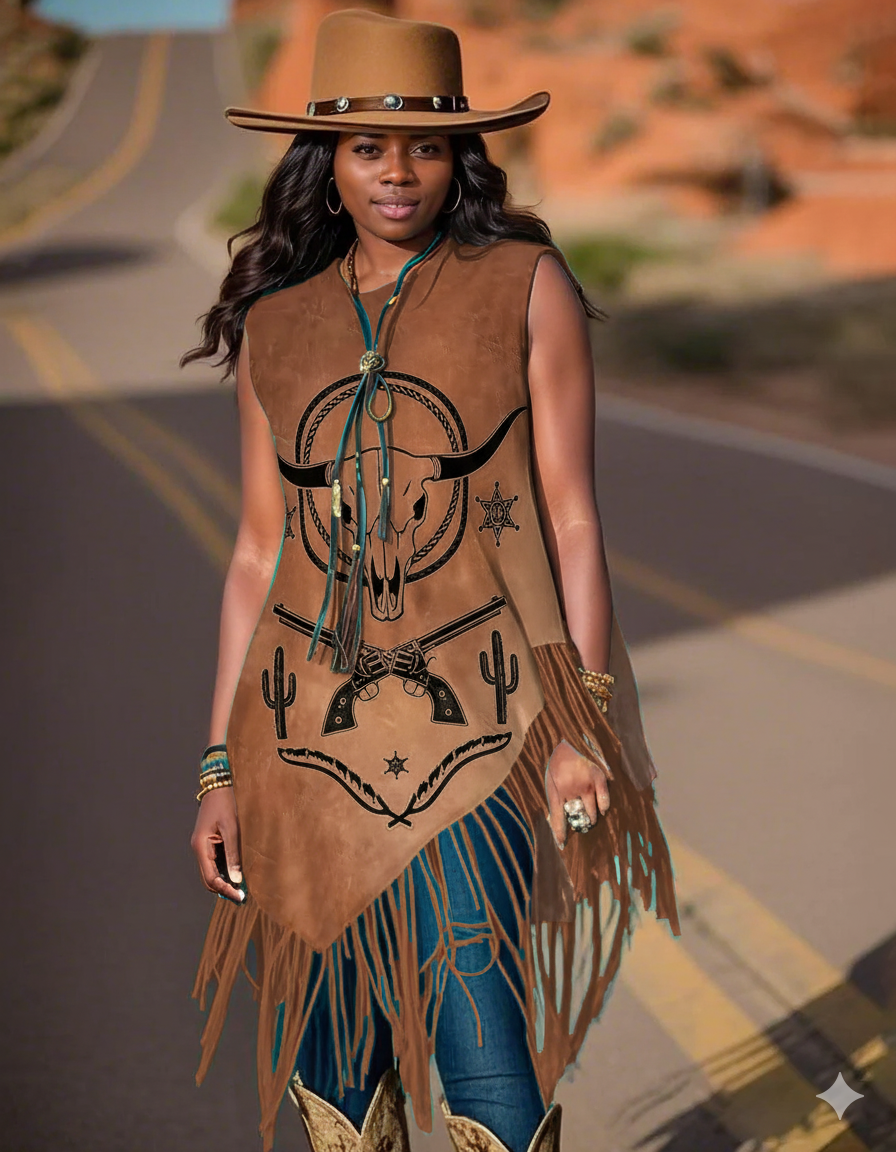 Women's Western Fringe Suede Vest with Longhorn & Pistols Print