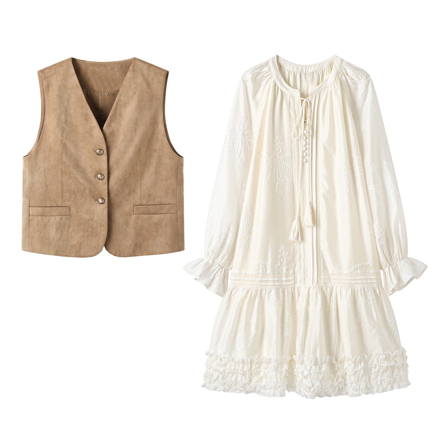 Suede Vest + Embroidered Dress Two-Piece Set | Retro French Style Layering Outfit