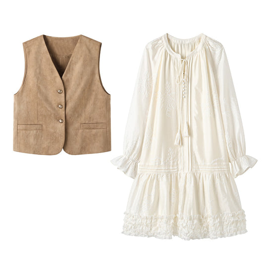 Suede Vest + Embroidered Dress Two-Piece Set | Retro French Style Layering Outfit