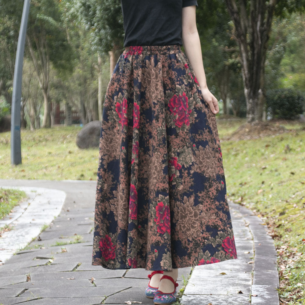 Cotton and linen printed maxi skirt | Retro ethnic style elastic waist midi skirt