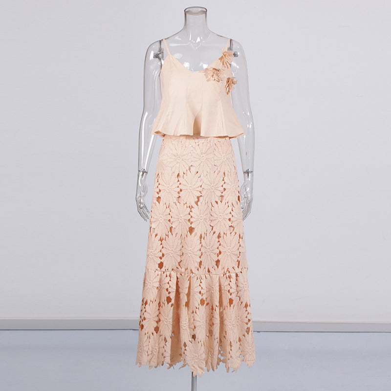 Boho 3D Flower Cami Peplum Top + Cutout Lace Tiered Maxi Skirt Set