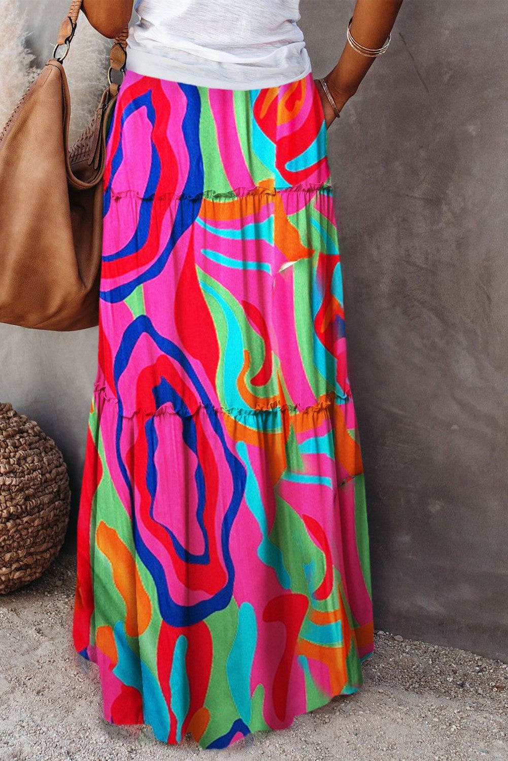 Bohemian Patchwork Print Tiered Maxi Skirt | Elastic Waist Pocket Skirt