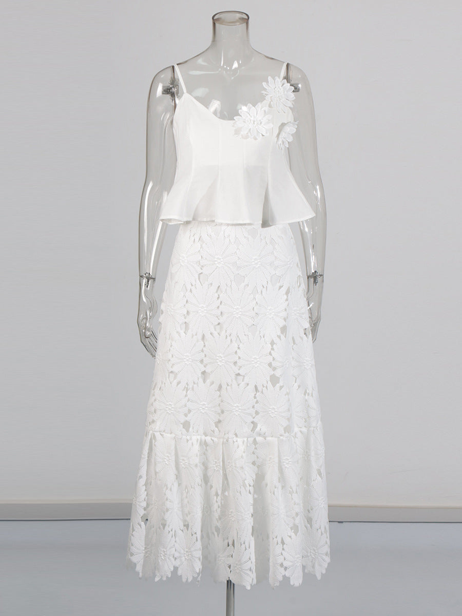Boho 3D Flower Cami Peplum Top + Cutout Lace Tiered Maxi Skirt Set