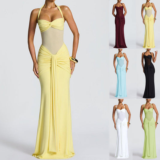 Halter Neck Mesh Panel Twist Waist Mermaid Maxi Dress | Luxury Sexy Evening Gown