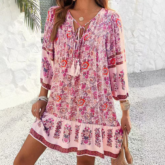 Boho Printed Tie-Neck Tassel Ruffle Mini Dress | Vacation Style Loose A-Line Dress