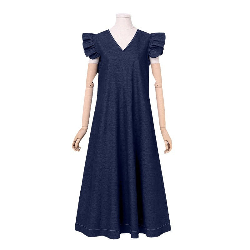 V-Neck Ruffle Sleeve Denim Style Maxi Dress | Loose Casual Vacation Dress