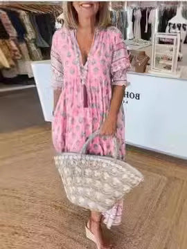 Mint Green Ethnic Printed Tie-Neck Ruffle Tiered Maxi Dress | Boho Vacation Loose Dress