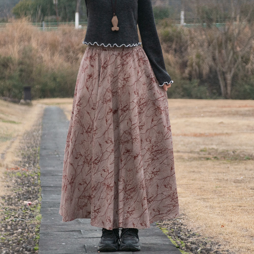 Cotton and linen printed maxi skirt | Retro ethnic style elastic waist midi skirt