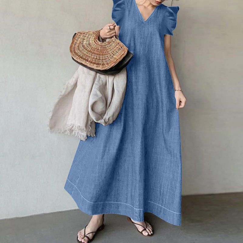 V-Neck Ruffle Sleeve Denim Style Maxi Dress | Loose Casual Vacation Dress