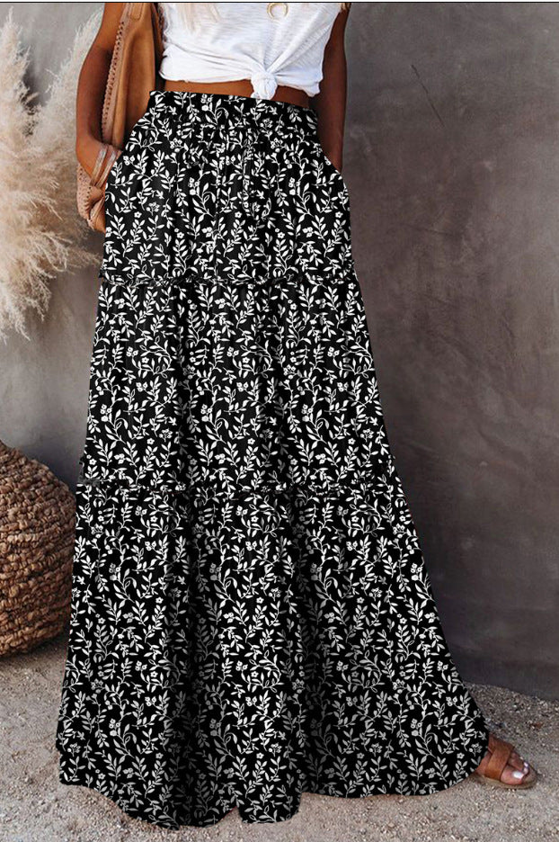 Bohemian Patchwork Print Tiered Maxi Skirt | Elastic Waist Pocket Skirt