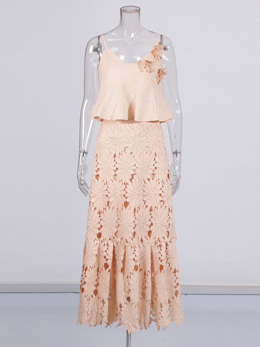Boho 3D Flower Cami Peplum Top + Cutout Lace Tiered Maxi Skirt Set