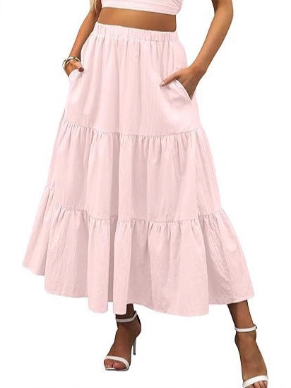 Solid Color Elastic Waist Tiered Midi Skirt | Pocket Style Maxi Skirt