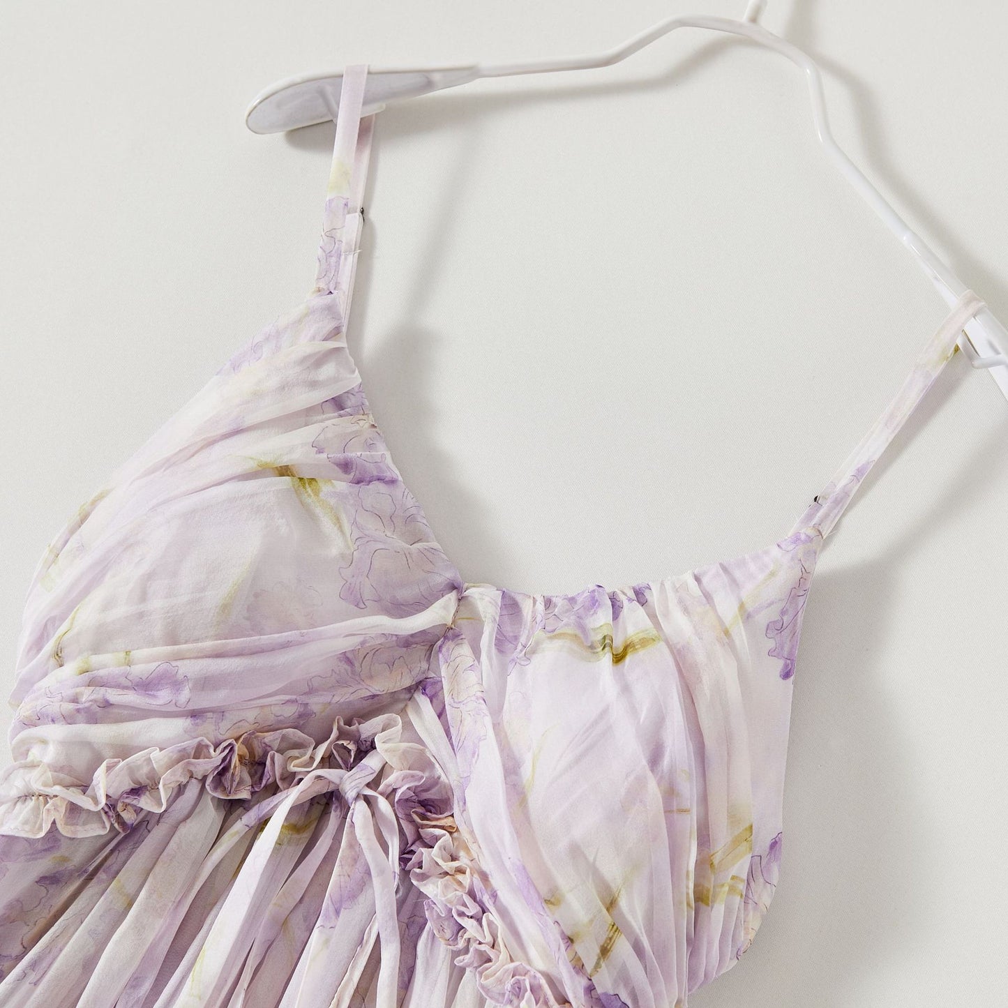 Lavender Tie-Dye Floral V-Neck Drawstring Cami Maxi Dress | Vacation Elegant Beach Dress